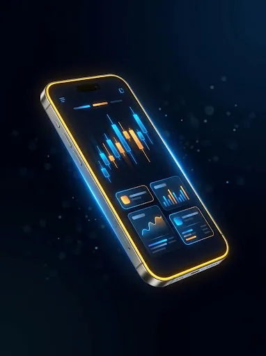 Sleek smartphone displaying the dark-themed Goexch9 exchange dashboard with live trading charts