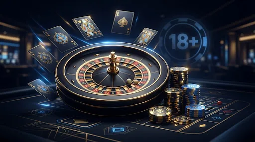 Moody casino scene with a glowing roulette wheel and gold chips in premium lighting