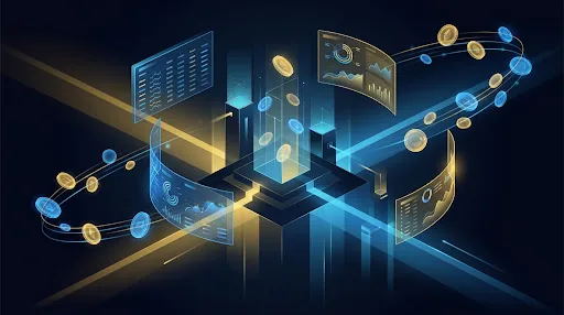 Abstract representation of a digital trading floor with glowing blue and gold data streams