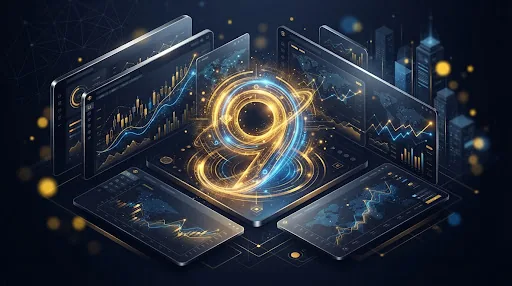 Digital illustration of glowing Goexchange9 market boards with gold and blue data lines in a dark space