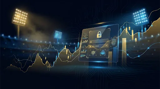 Digital illustration of the Goexch9 online exchange with glowing market graphs and security locks
