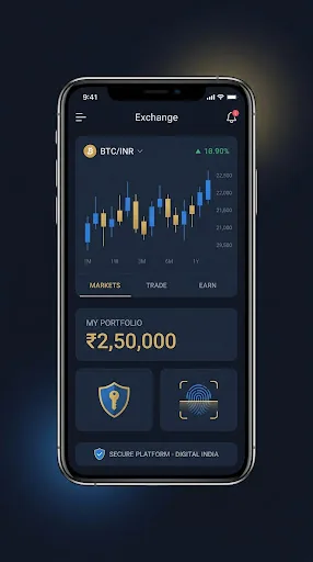 Smartphone showing the dark-themed Goexch9 exchange interface with charts and balance
