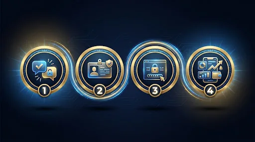 Illustrated four-step process for getting a Goexch9 ID through official support
