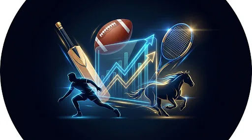 Digital illustration of glowing cricket, football and tennis elements with neon blue and gold light trails