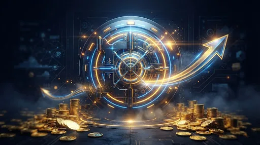 Golden bank vault with coins streaming in, illustrating deposits to a Goexch9 wallet