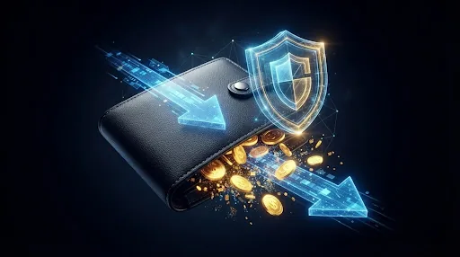 Digital wallet with golden and blue light trails representing secure Goexch9 fund management